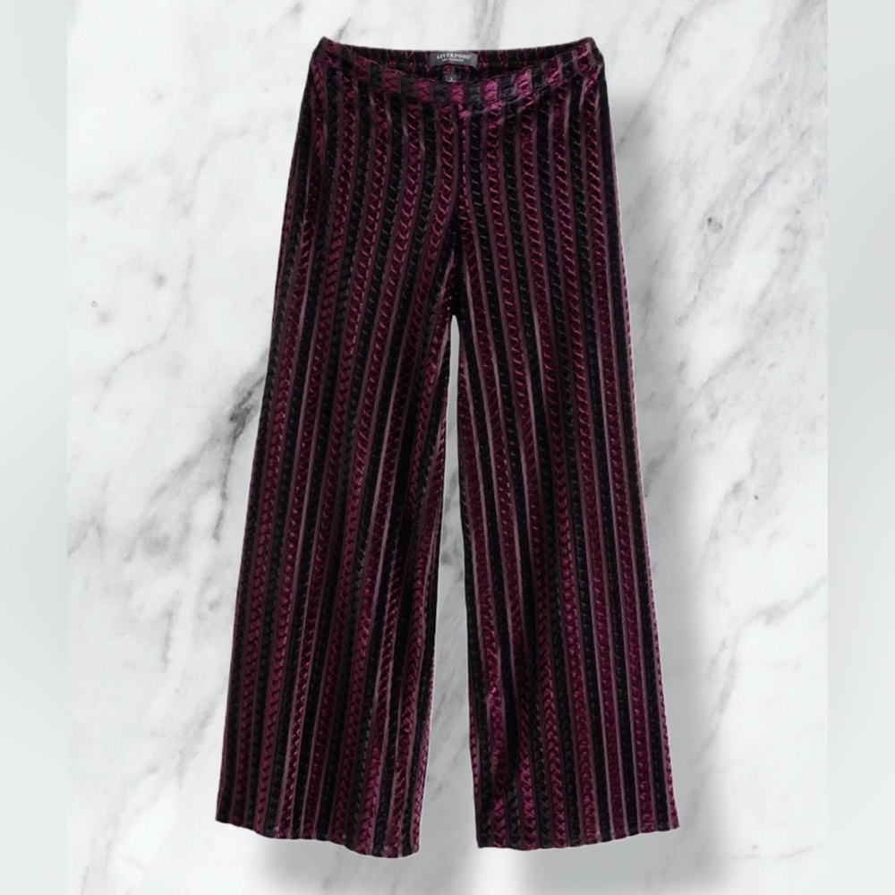 NWT Liverpool Velvet Striped Wide Leg Pants Burgundy Black Size Small